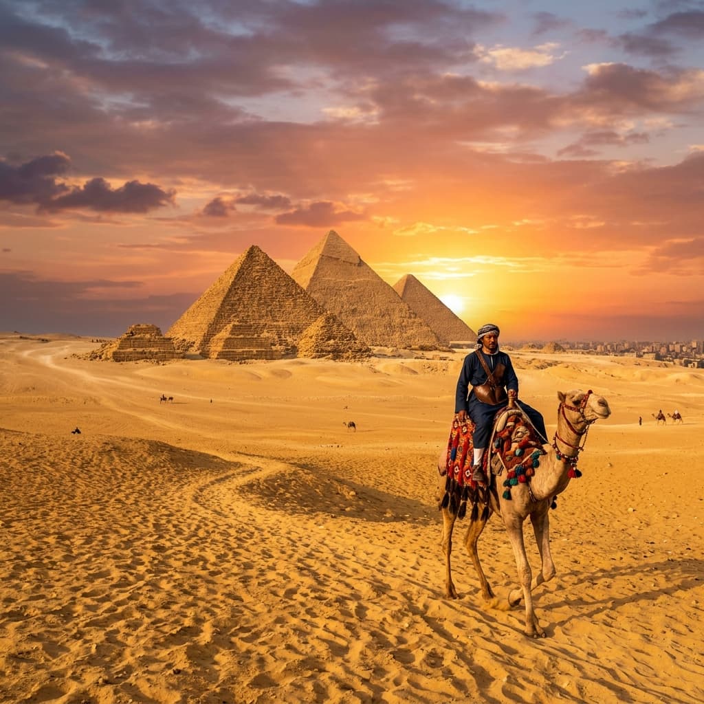 Great Pyramids of Giza at golden hour — Cairo, Egypt